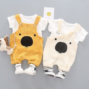 Одежда для маленьких мальчиков, летние модные хлопковые и льняные комбинезоны с короткими рукавами, хлопковый детский костюм из двух предметов с рисунком медведя и буквы 210309