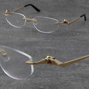 Metal Classic Rimless Optical Reading Frames Marming Gelglas 18K Guldram Glasögon Män myopisk katt Eye Round Eyewear Man och kvinnlig storlek: 57-18-145