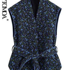 Kpytomoa النساء الأزياء مع حزام الأزهار طباعة رقيقة مبطن صدرية خمر الخامس الرقبة أكمام الإناث قميص شيك فيستي 211120