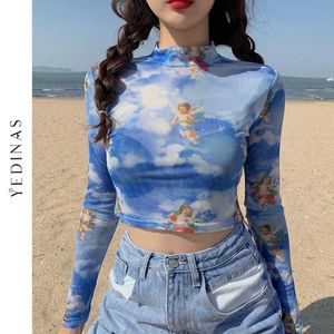 Yedinas Sexy See przez Metra Topy Kobiety Wiosna Letnia Koszulka Slim Cropped Angel Drukuj Z Długim Rękawem T Shirts Club Nosić Tee 210527