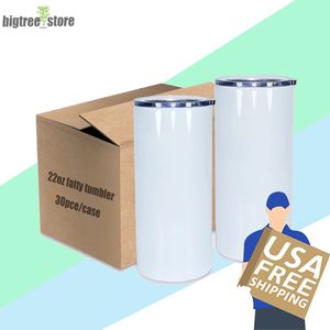 US warehouse 22oz Sublimation Straight Fatty Tumbler Stainless Steel Cup lids Double Wall Insulated Coffee Mugs Heat Transfer Water Bottles for drinking