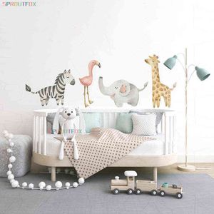 Nordic Cartoon Animals Wall Sticker för Barn Room Nursery Baby Boys Sovrum Väggdekaler Zebra Flamingo Elephant Giraffe Stickers 211112