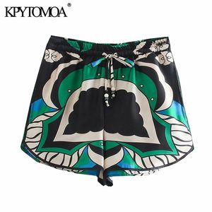 KPYTOMOA Kvinnor Mode Side Fickor Tryckta Bermuda Shorts Vintage Hög Elastisk Midja Sida Vents Kvinna Kort Byxor Mujer 210625