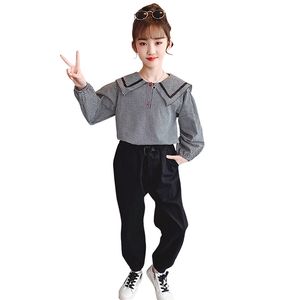 Duże dziewczyny ubrania w kratę bluzka + spodnie kostium na patchwork dziewczyna zestaw wiosna jesień dzieci odzież 210527