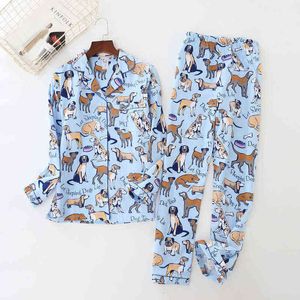 Kvinnor Män Pyjamas Dog Print Borstat bomull Pijama 2 Pieces Set Långärmad Elastisk Midja Byxor Lounge Nightwear Pyjamas S80001 211111