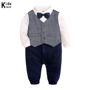 Fashion Born Baby Boys Gentleman Formell Suit Romper Långärmad Jumpsuit Bow Tie Tuxedo Outfit Kläder för 0-24m Bebes Present 210816