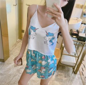 Kvinnors Sleepwear Animal Cartoon Print Lovely Home Suit Summer V Neck Sexig Pajamas Kvinnor Spaghetti Strap Loose Pijama Satin Femme Cat Sy030102