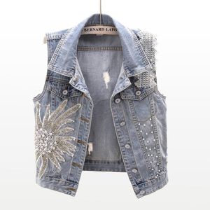 Coletes femininas verão moda laço beading flores denim colete mulheres lavado azul colete fino buraco curto sem mangas jaqueta jeans feminino