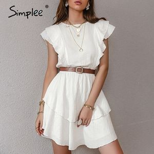 Simplee White Cotton Female Chic Dresses Fashion Solid Ruffled Mid-Ligning High-Waist Vestidos 민소매 여름 여성 드레스 2021 210306