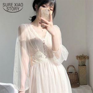 Plus Size Elegant Button A-Line Vestidos White Dres Spring Puff Sleeve Empire V-Neck Lace Voile Mesh Dresses 8126 210623