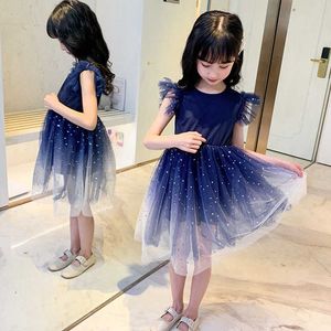 Sommarbarn Princess Klänningar för Girls Gradient Red Blue Mesh Star Print Luxury Dress Ärmlös Mid-Calf Long Vestidos 2021 Q0716