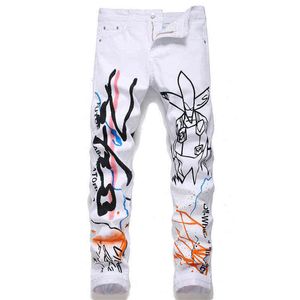 Espirrando tinta graffiti tendência jeans casuais homens fitt fit pequenos pés elásticos pintados flor calças boat club fashion