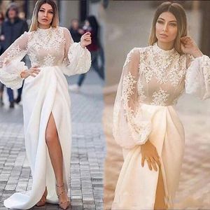 2021 Długie Rękawy Suknie Wieczorowe Koronka Aplikacja Side Slit Szyfonowa Kołnierz Ruched PlueS Plus Rozmiar Formalna Prom Party Gown Vestidos