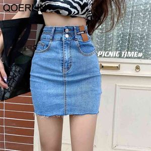 Vintage Ripped Sexy Bodycon Jeans Kjolar Plus Storlek Koreansk stil Retro Tvättad Dubbel Breasted High Waist Mini Denim Skirt 210601