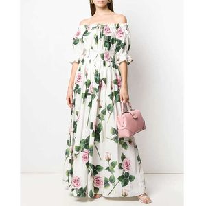 Klänningar för Kvinnor Kortärmad Av Axelklänningar Boho Maxi Rose Floral Tryckt Lång Sommar 210529