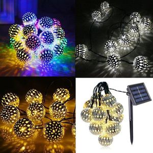 Wholesale moroccan solar lantern resale online - Solar Lamps Moroccan Ball Light String Wrought Iron Metal Hollow Lantern Outdoor Small Decorative Christmas Gift