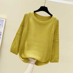 Spring cut-out stickwear Kvinnors pullover Loose Korean Base Coat Round Neck Sweater Tun 211018