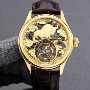 Armbanduhren SEAKOSS High End Goldene Skeleton Kuh Männer Tourbillon Uhren Echtes Leder Mechanische Hand Wind Armbanduhr Männliche Uhr
