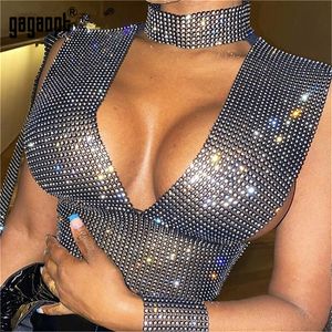 Gagaopt bling strass tank top sexy profundo vice-pescoço ver através de patchwork oco out colheita top festa noite clube senhora quente tanques 210308