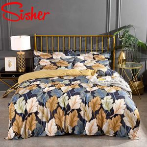 Moderna bladtryckta sängkläder Sätter Nordic Flat Bed Linneblad Plaid Stripe Duvet Cover Set Single Double Queen King SovClothes 210615