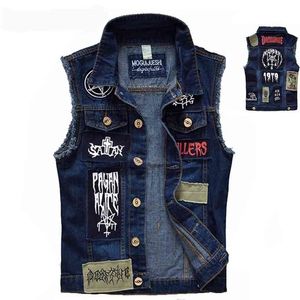 Vintage Style Men's Denim Vest Sleeveless Jackets with Patch Designs in Ripped Frayed Style