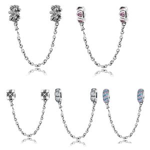 Veri ciondoli in argento sterling 925 con perline a forma di cuore con fiori a forma rotonda con catena di sicurezza adatti per gioielli con braccialetto originale Q0531