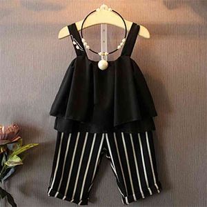 Summer Girls Clothing Sets Kids Clothes Fashion Chiffon Sling lothes+Striped Pants Children 210528