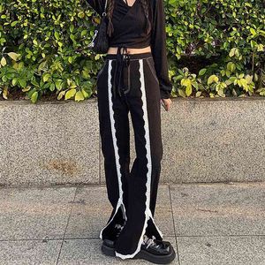 Junelove Patchwork Lace Plus Storlek Split Denim Pant Mom Slit Jeans Byxor Pojkvän Kvinnor Streetwear Harajuku Fashion Punk Goth 211129