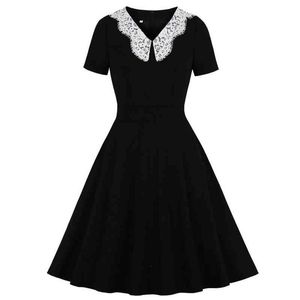 Szata Femme Lace Black Summer Dress 2021 V Collar Krótki Rękaw Retro Kobiety 50. 60. Vintage Suknie Rockabilly Party Dress Swing Y1204