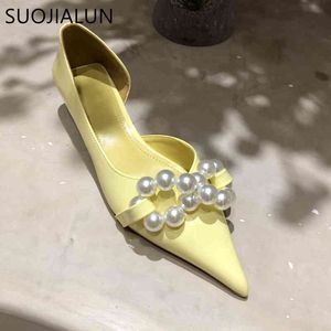 SUOJIALUN 2021 Elegante Frauen Pumpen Mode Marke String Bead Sandale Schuhe Damen Flach Spitz Niedrigen Ferse Büro Pumpen Schuhe k78