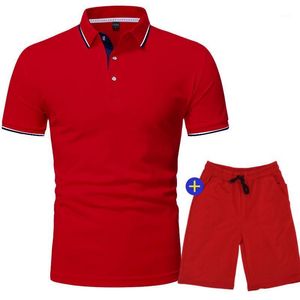 Erkek Eşofmanlar Pamuk Kısa Kollu Gömlek Şort 2-piece Set 2021 Yaz Yaka Katı Renk Suit Kumaş Spor Slim Fit