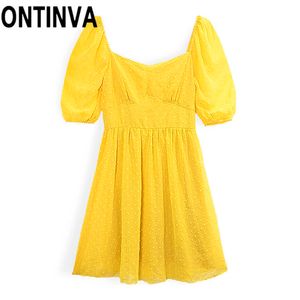 Women's Summer Dresses Sexy V Neck Puff Short Sleeves Low Back Chiffon Sundress Yellow Polka Dots A Line Dress for Beach Holiday 210527