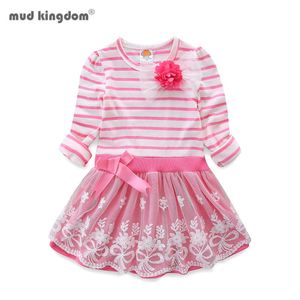 Mudkingdom Kleid für kleine Mädchen, langärmelig, gestreift, Blumenspitze, niedlich, Schleife, Kleidung für Mädchen, Herbst, 2 bis 7 Jahre, 210615