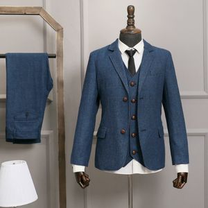 파란 해리본 웨딩 턱시도 슈트 남자 세트 슬림 맞는 맞춤형 신랑 스모 텐 슈트 3 피스 (자켓 + 조끼 + 바지) 블레이저 턱시도