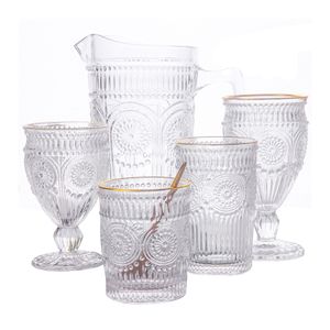 Embossed Sunflower Wine Glasses Water Jug Iced Tea Pitcher Punch Cup Sangria Goblet Clear Glass Tumbler for Picnic Outdoor