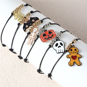 Rolig Charm Armband Smycken Legering Beaded Enamel Ghost Skeleton Pumpa Bat Wax Rope Gold Silver Armband Bangeles för Kvinnor Halloween Party