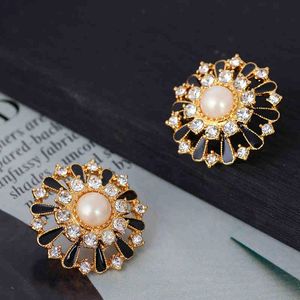 Luxury Cubic Zircon Sunflower Women Stud Gold Color Diameter 27 cm Black Enamel and Crystal Party Brand Earrings