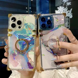 Square Clear Electroplating Marble Cases voor iPhone PRO MAX XR XS Plus SE2020 Galomoplated Laser Phone Case met Bracket
