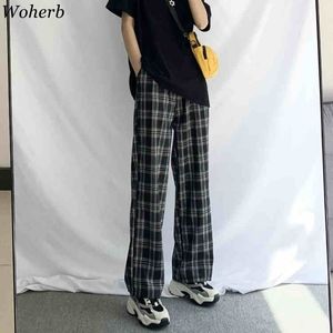 Woherb Vintage Plaid Hosen Frauen Neue Harajuku Knöchel Länge Breite Bein Hosen Koreanische Streetwear Mädchen Hosen Pantalon Femme 201119