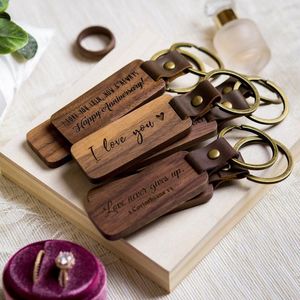 Personalized Leather Keychain Pendant Beech Wood Carving Keychains Luggage Decoration Key Ring DIY Thanksgiving Father's Day Gift