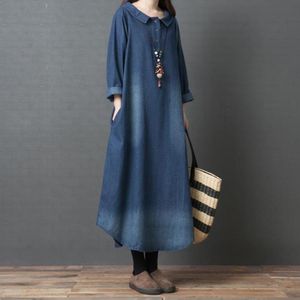 Casual Dresses Women Vintage Denim Maxi Dress 2021 Spring Summer Long Sleeve Loose Boho Kaftan Jeans Robe Tunic Plus Size