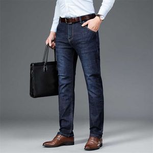 Męskie Klasyczne Wypełnione Fit Flex Jean Wiosna Jesień Cztery Seasons High Waist Business Casual Blue Blue Denim Spodnie 211120