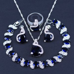 Gioielli in argento Colore Blu Zircone Bianco CZ Set di gioielli per le donne Orecchini/Pendente/Collana/Anelli/Braccialetto H1022