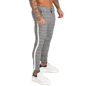 Mens jeans varumärke chinos byxor grå plaid skinny byxor för män sida stripe stretchy bästa passande atletisk kropp zm355