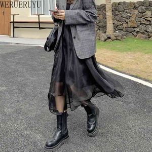 WERUERUYU vintage skirts women Elastic High Waist tulle mesh Petticoat Pleated skirt women 210608