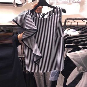 Lato Nieregularne Ruffles Paski O Neck Casual Luźna Koszula Wszystkie Mecz Bluzka Kobiety Topy 210615