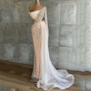 Elegante One-Shoulder-Meerjungfrau-Brautkleider mit Spitzenapplikationen, maßgeschneidertes, bodenlanges, glitzerndes, anmutiges Roben de Mari￩e