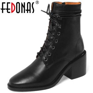 Fall Shoes Women Ankle Boots Cross Tied Genuine Leather For Winter Working Female Warm 210528