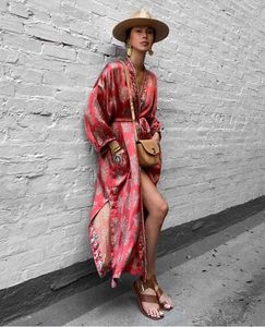 TEELYNN deep v neck kimono dresses women cover up vintage floral print long sleeve autumn vestidos boho Side split robe 210325