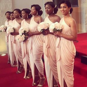 Bridesmaid Dresses 2021 Ruched Beach Wedding Party Guest Dresses Nude One Shoulder Front Split Junior Maid of Honor Dress Ankle-length